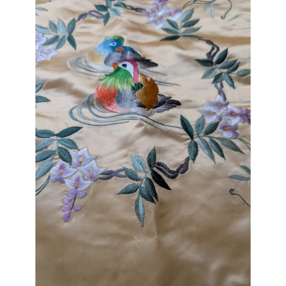Vtg bai hau Peach Satin Pillow Cover Embroidered Mandarin Ducks Golden  Pleat 2